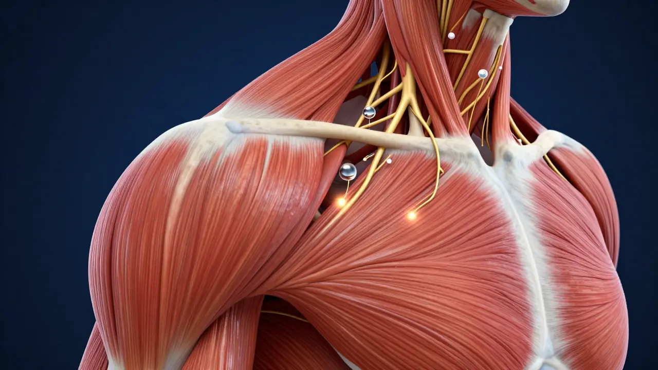 3D ilustrace svalu deltoid a procesu vstřebávání vakcíny do krevních cév.