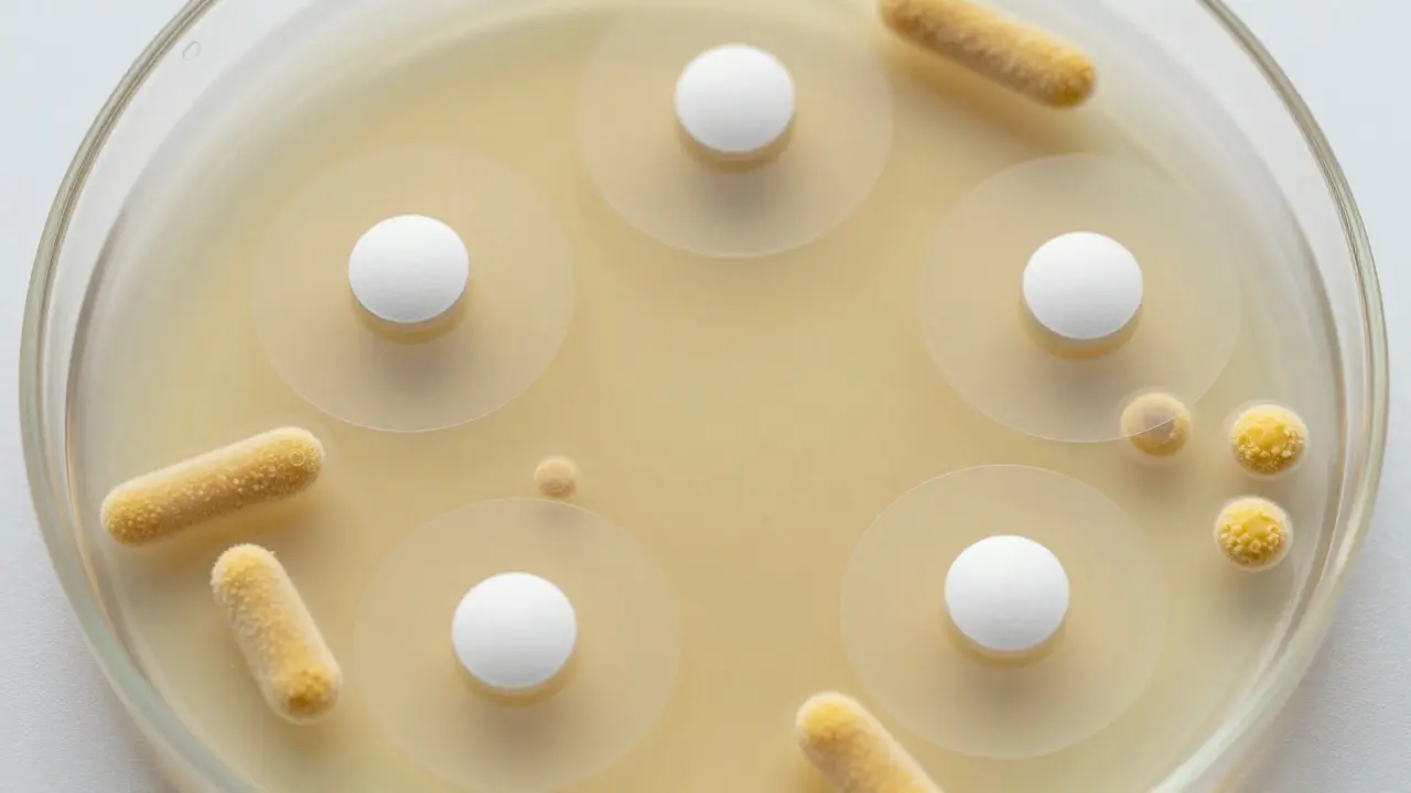 Antibiogram s viditelnými zónami citlivosti kolem disků s antibiotiky.