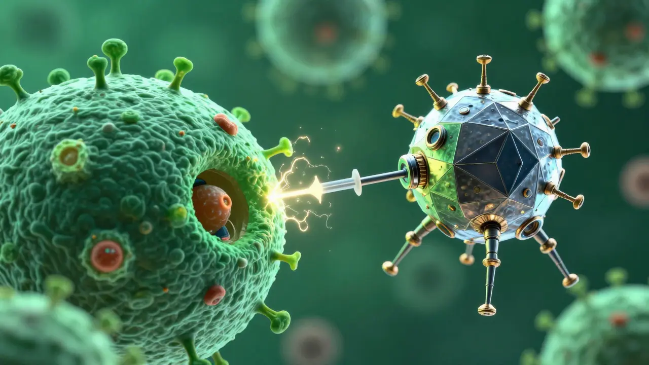 Bakteriofág připomínající malého robota přisátý k povrchu bakterie a vstřikující svůj genetický kód.