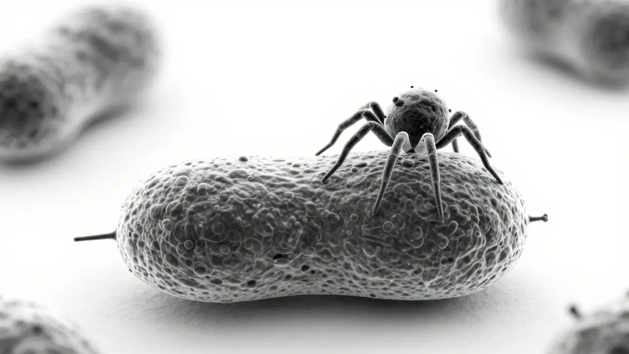 Bakteriofág připomínající pavouka přichycený k povrchu bakterie.