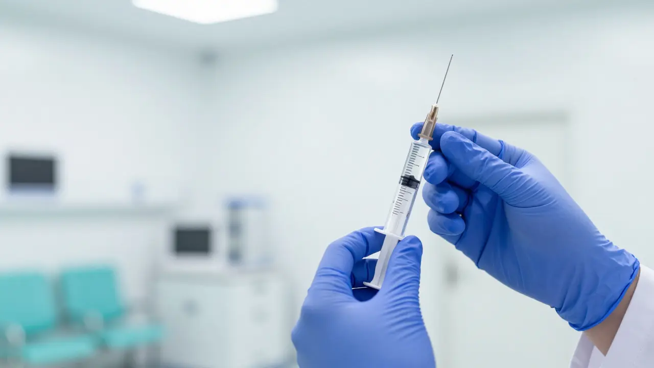 Detail lékařské stříkačky s vakcínou v sterilním prostředí kliniky.