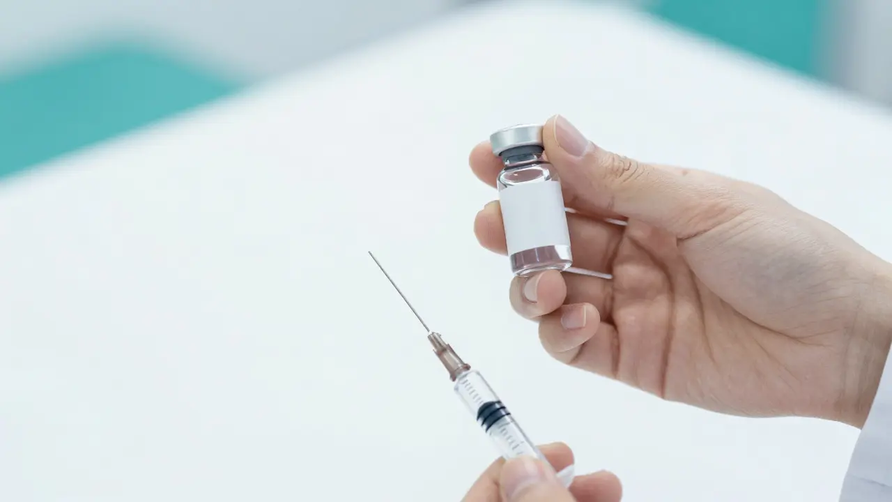 Detail vakcíny v ruce lékaře, symbolizující prevenci a ochranu zdraví.