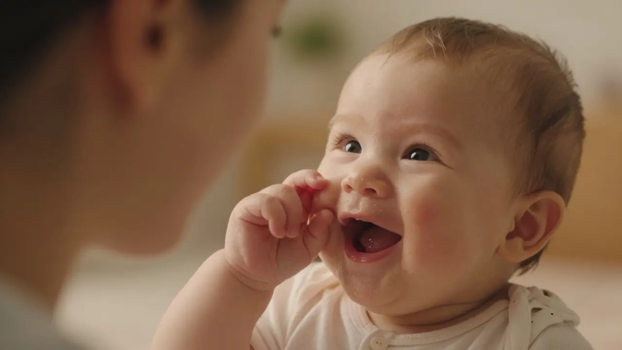 Detailní záběr na usmívající se miminko v kontaktním rozhovoru s rodičem.