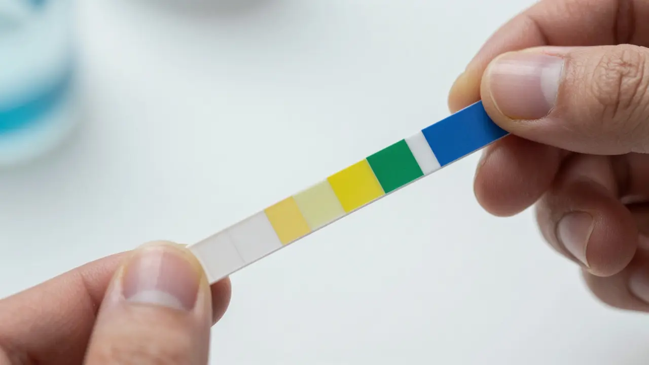 Diagnostický testovací proužek s barevnou reakcí v moči.