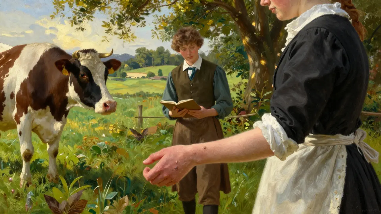 Dojenka u krávy navštěvovaná Edwardem Jennerem v anglickém venkově.