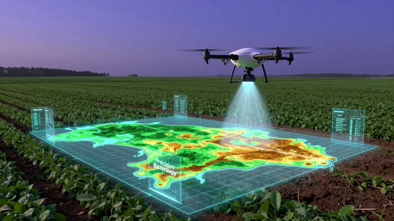 Futuristické precizní zemědělství s využitím dronů a analýzy mikrobiomu půdy.