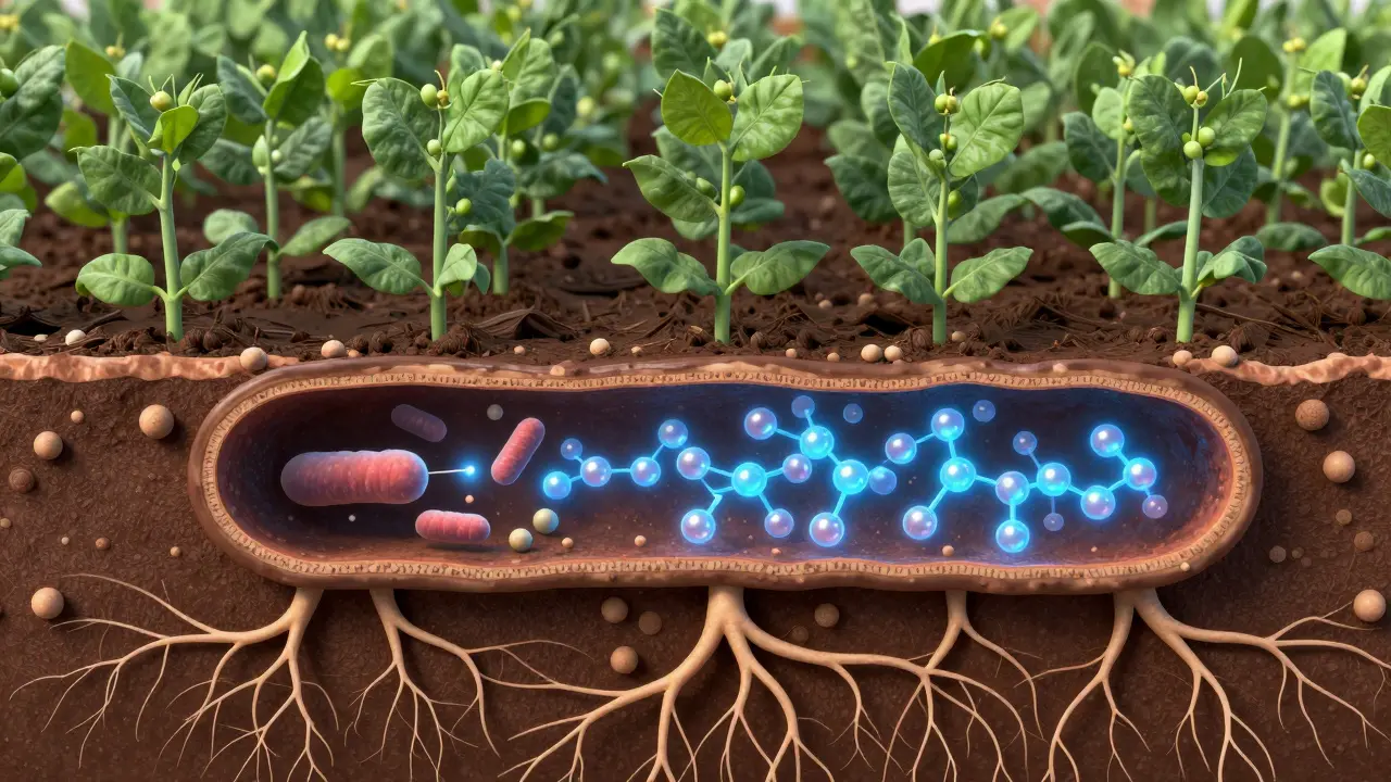 Ilustrace vázání dusíku v bakteriálních bulvičkách na kořenech bobovité rostliny.