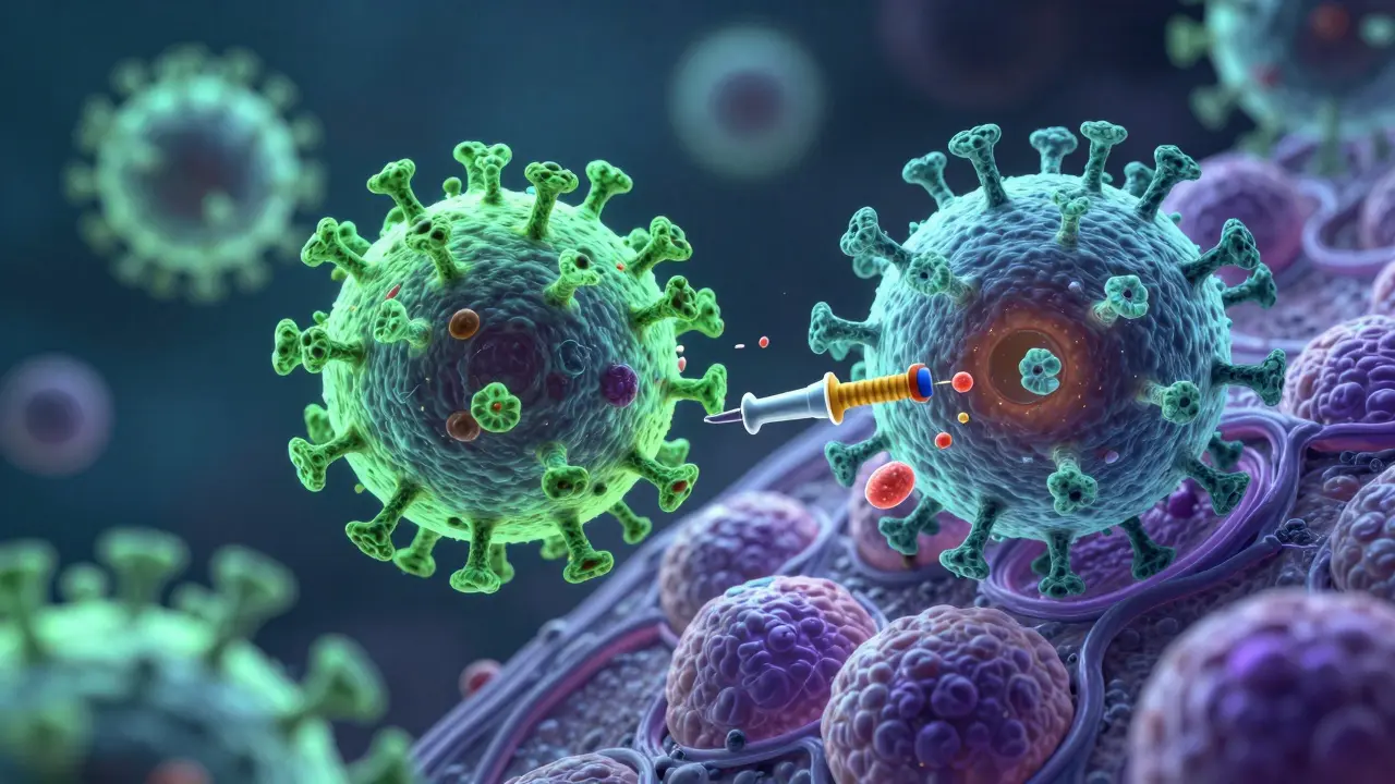 Ilustrace viru pronikajícího do hostitelské buňky.