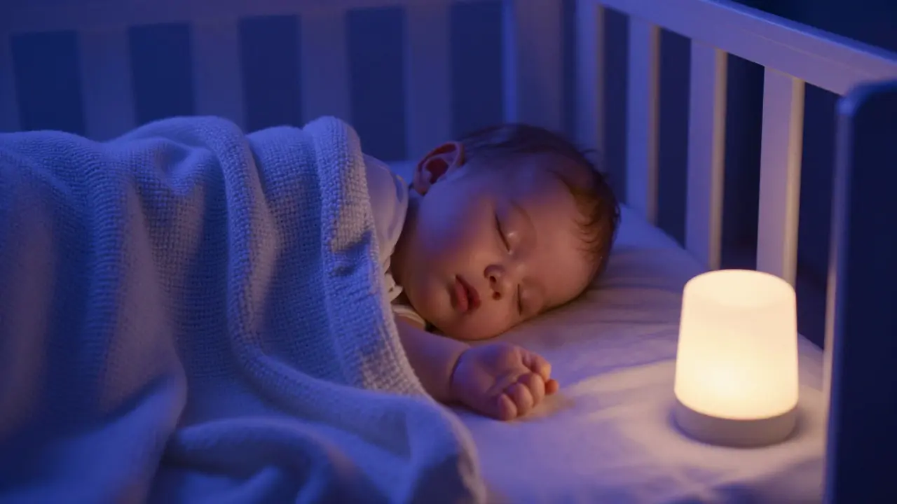 Klidný detail ruky spícího miminka v tluměném osvětlení dětského pokojíčku.