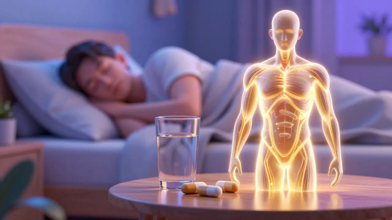 Kombinace klidného spánku a doplňků stravy symbolizující komplexní přístup ke zdraví.