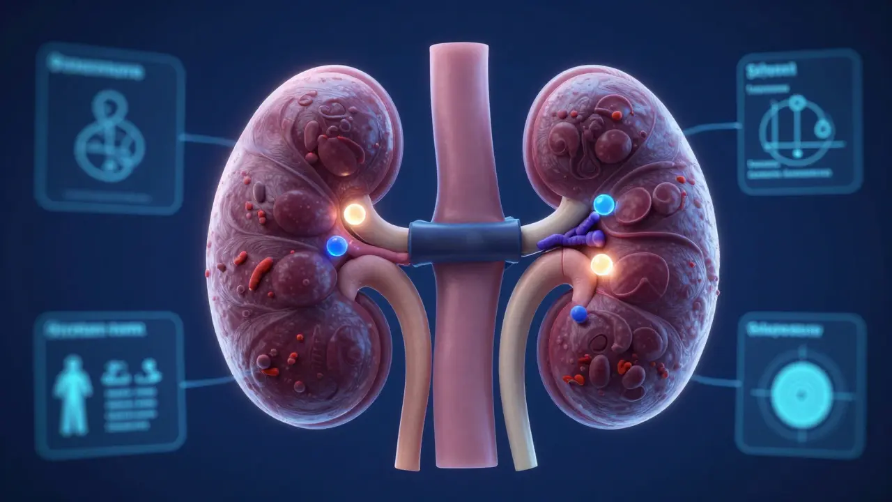 Konceptuální 3D ilustrace ledviny jako filtru pro glukózu a bílkoviny.