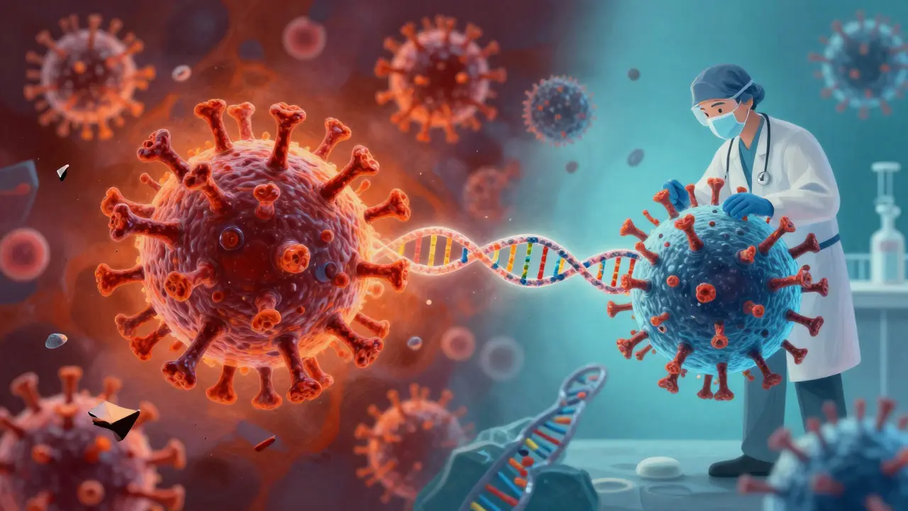 Konceptuální obraz znázornující kontrast mezi patogenními viry a využitím virů pro genovou terapii.