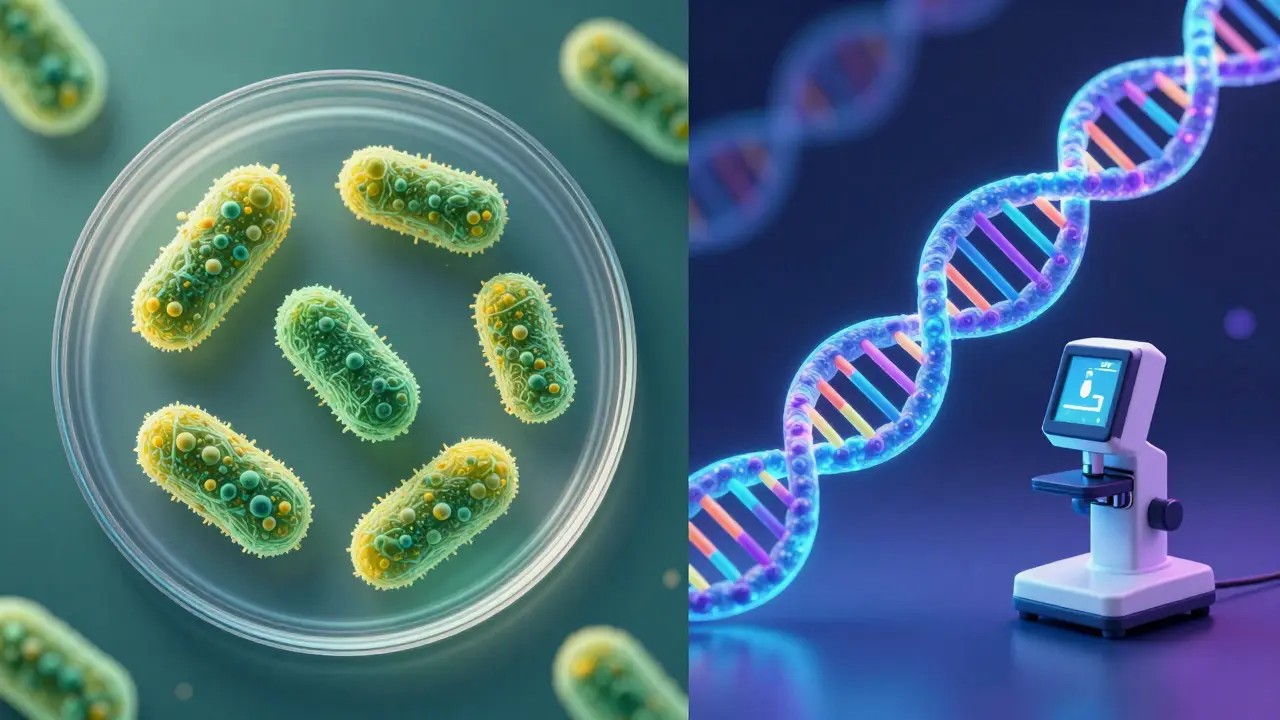 Konceptuální srovnání tradiční kultivace bakterií a moderního PCR testu.