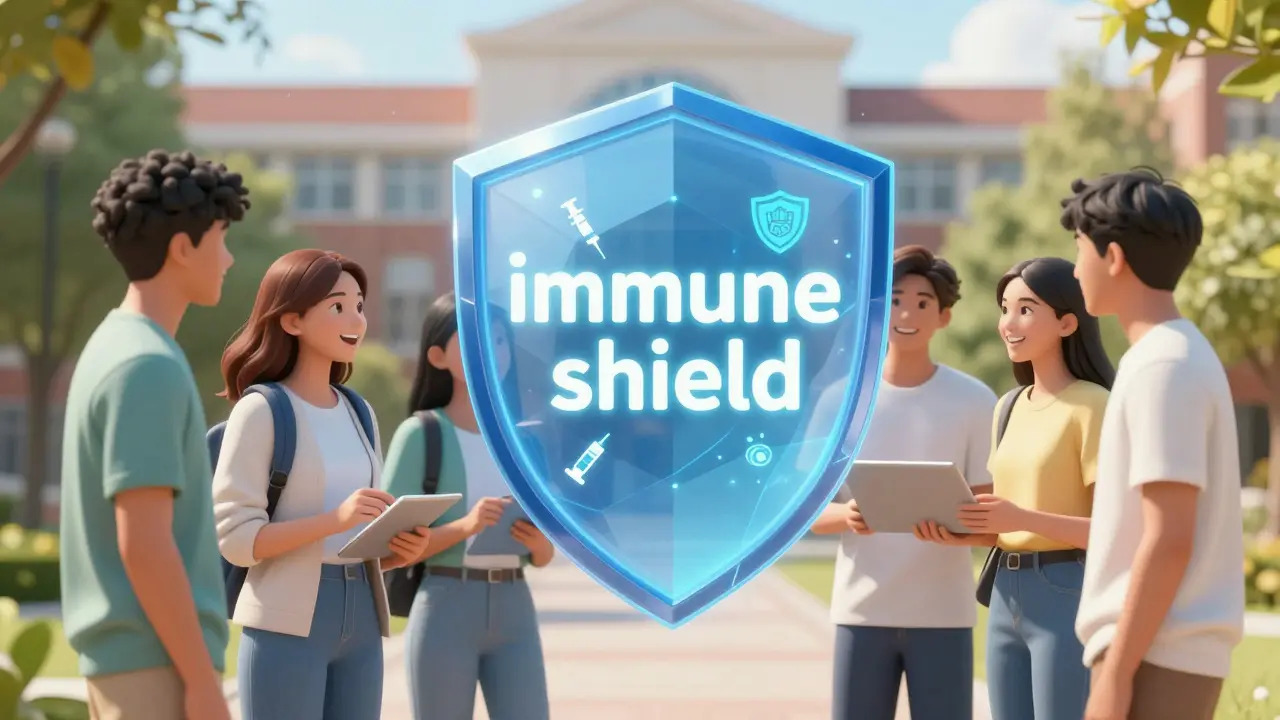 Konceptuální štít ochrany imunity kolem skupiny mladých dospělých.