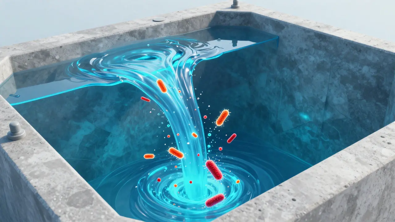 Konceptuální znázornení procesu šokové chlorace ničící bakterie ve studně.