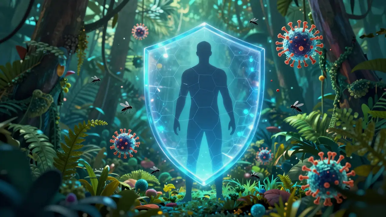 Konceptuální znázornění vakcíny jako ochranného štítu v tropickém prostředí.