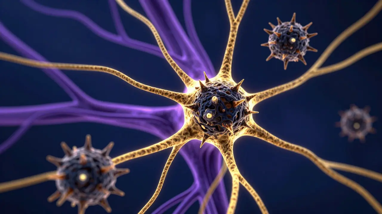 Konceptuální zobrazení toxinu tetanusu blokujícího nervová zakončení v těle.