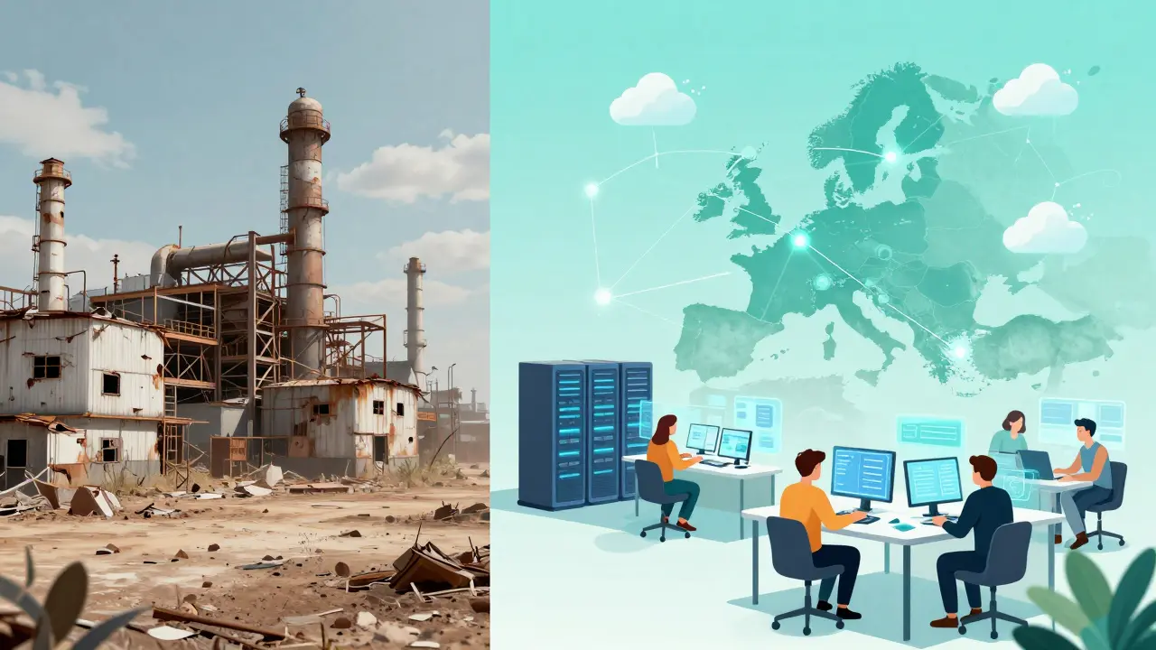 Kontrast mezi starou továrnou a moderním digitálním pracovním prostředím.