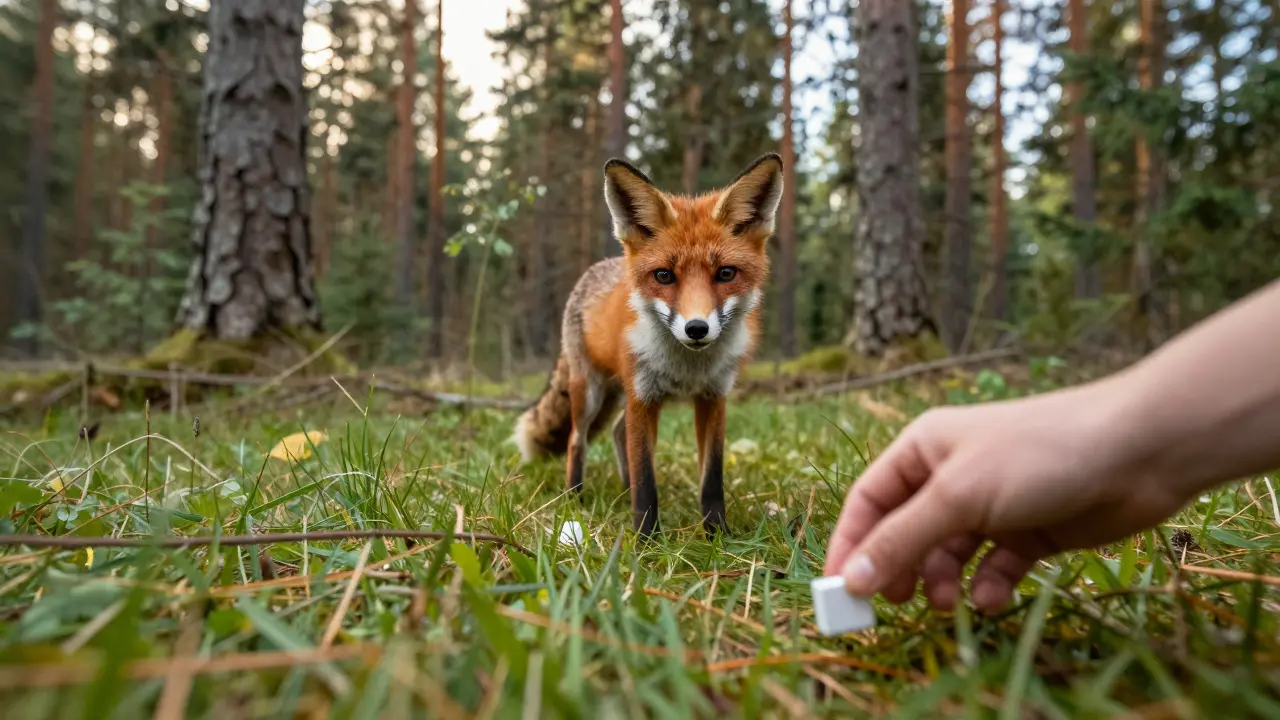 Liška v lese a rozhazování vakcínních návnad pro ochranu divokých zvířat.