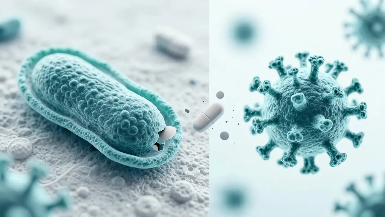 Mikroskopické srovnání bakterie s buněčnou stěnou a mnohem menšího viru.