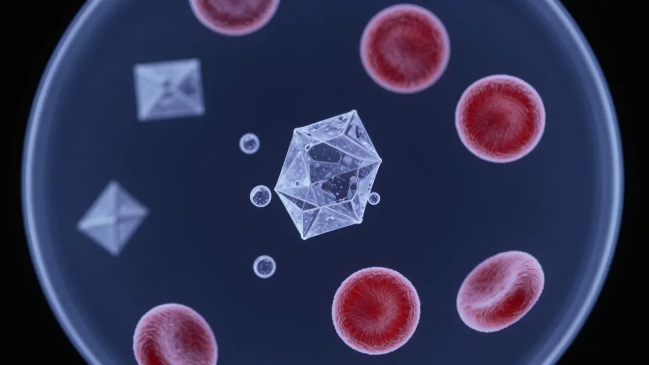 Mikroskopický pohled na krystaly a krvinky v sedimentu moči.