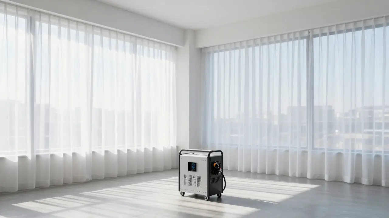 Moderní kancelář s otevřenými okny po procesu ozonizace vzduchu.