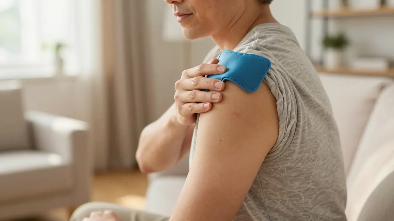 Osoba přikládající studený obklad na rameno po očkování v domácím prostředí.