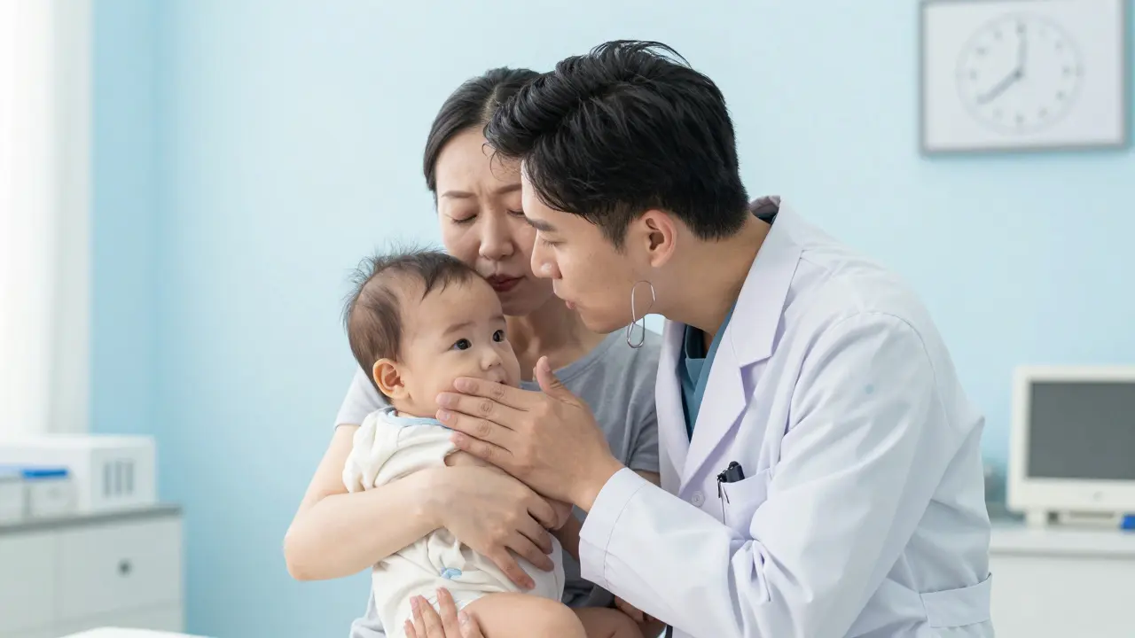 pediatr vyšetřující miminko v náručí rodiče v ordinaci