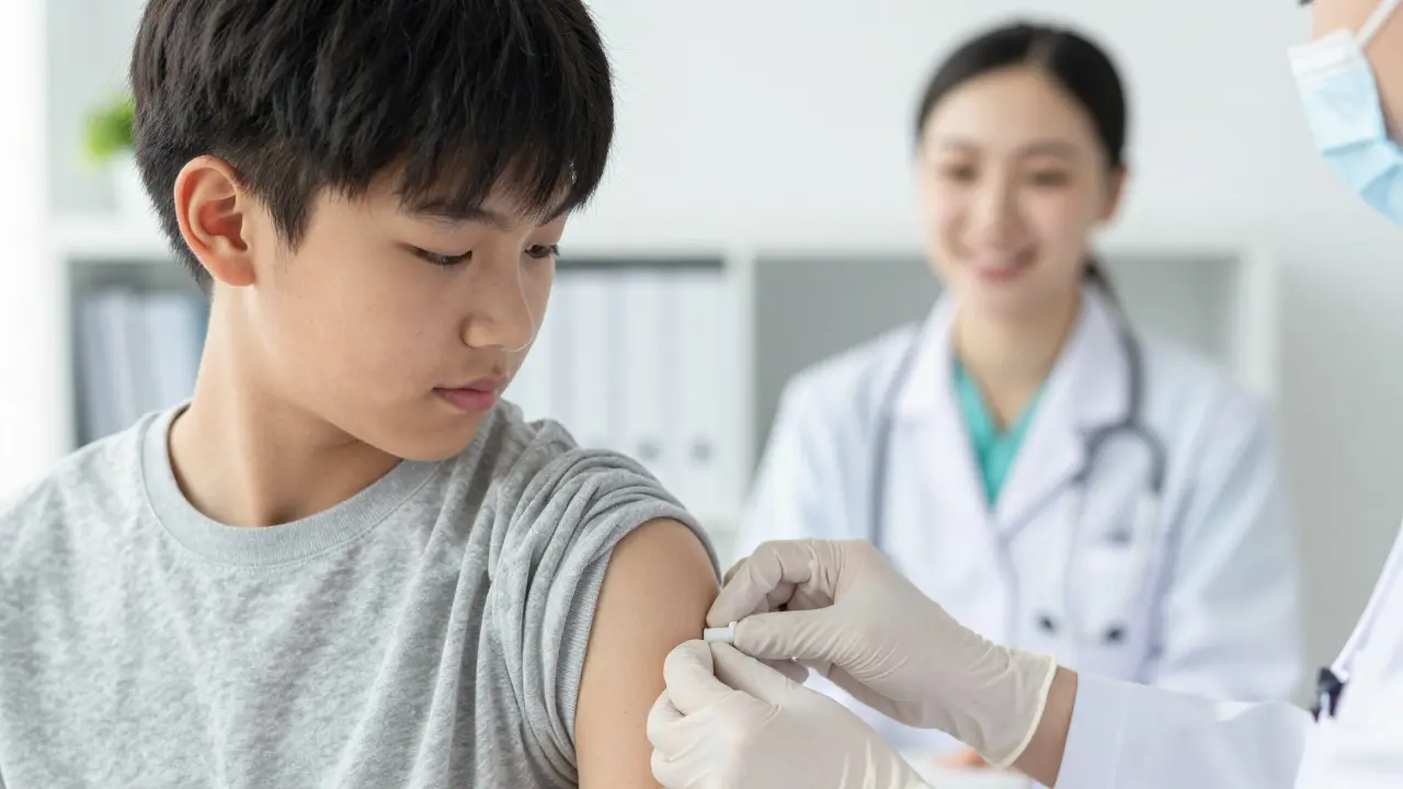 Podání vakcíny do ramene sedmnáctiletého člověka v moderní ordinaci.