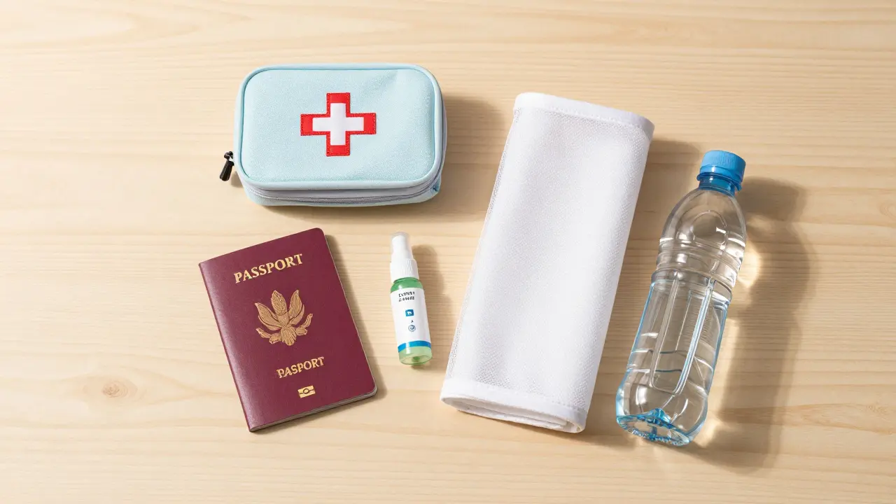 Sada cestovního vybavení pro prevenci nemocí na dřevěném stole.