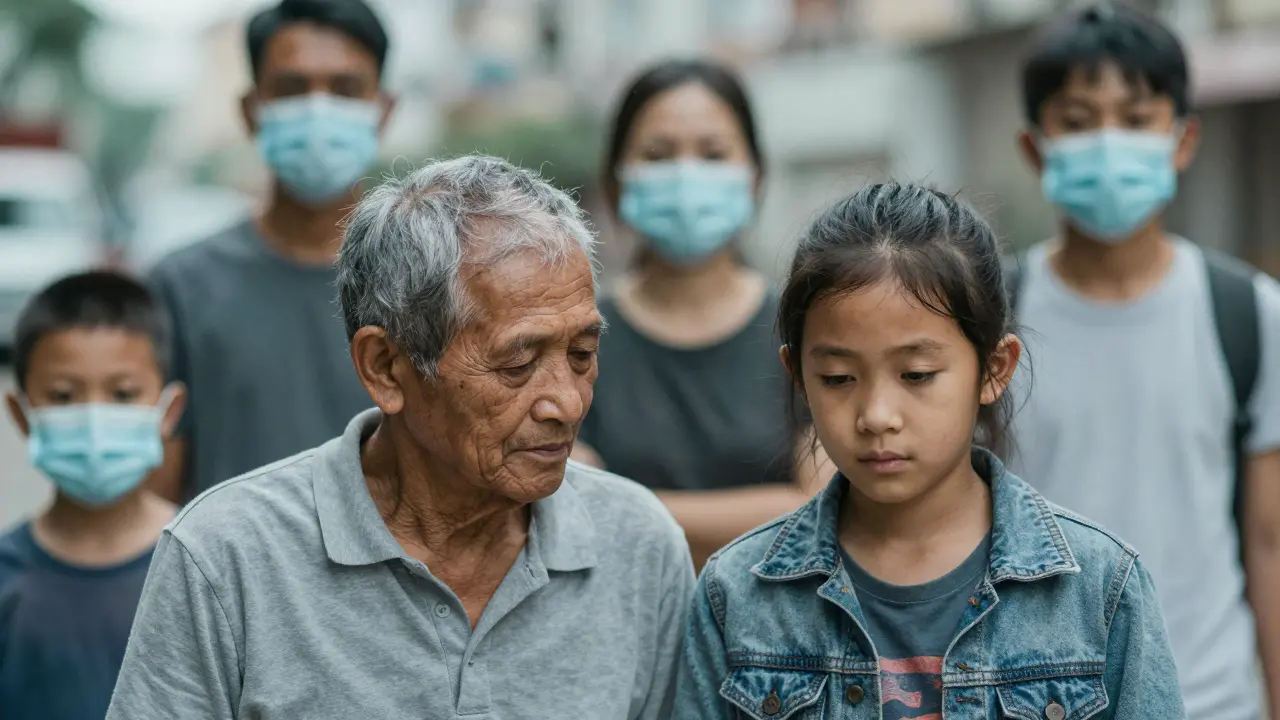 Senior a malé dítě v městském prostředí, symbolizující rizikové skupiny.