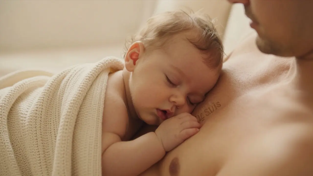 spící miminko v těsném objetí rodiče v jemné přizekrývce