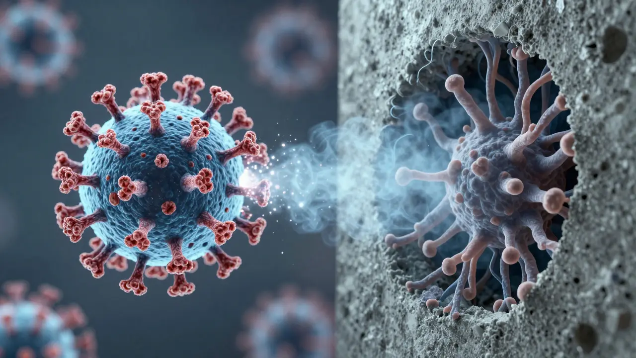 Srovnání ničení proteinového pláště viru a mycelia plísně v betonu.