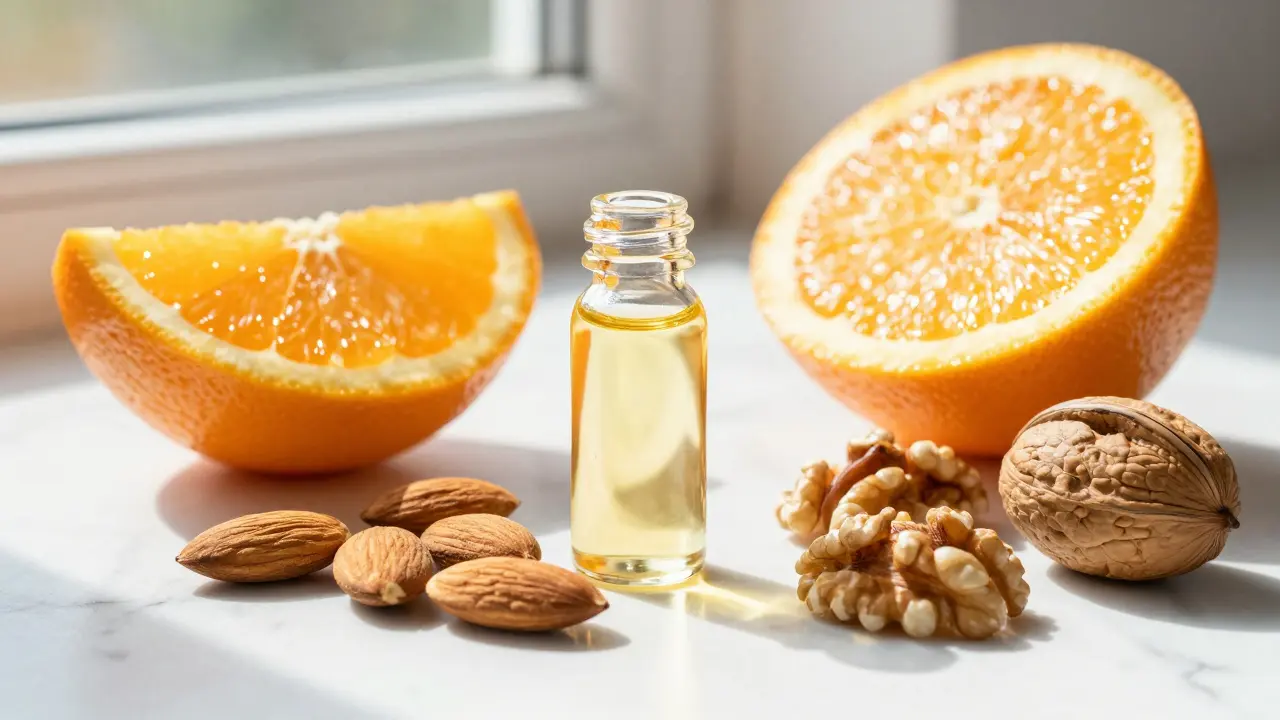 Stále الحياة citrusů, ořechů a kapek vitaminu D na bílém mramoru v přirozeném světle.