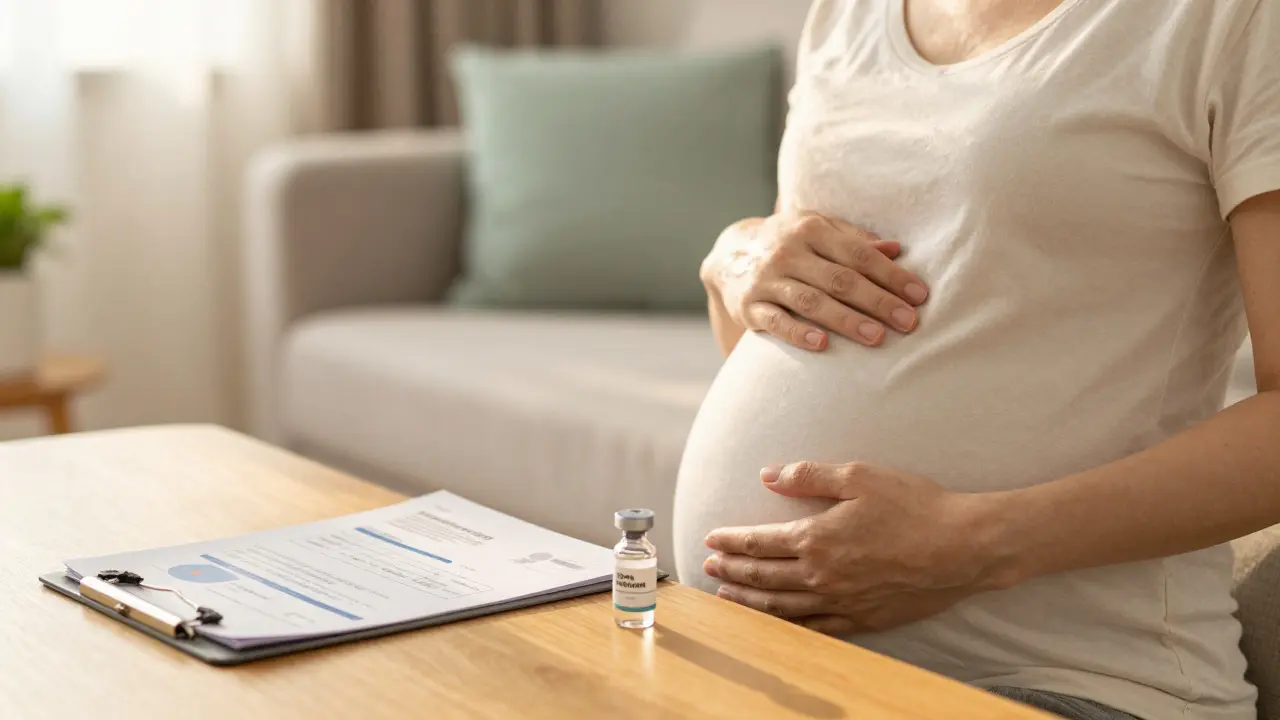 Těhotná žena v klidném prostředí s lékařskými pomůckami na stole