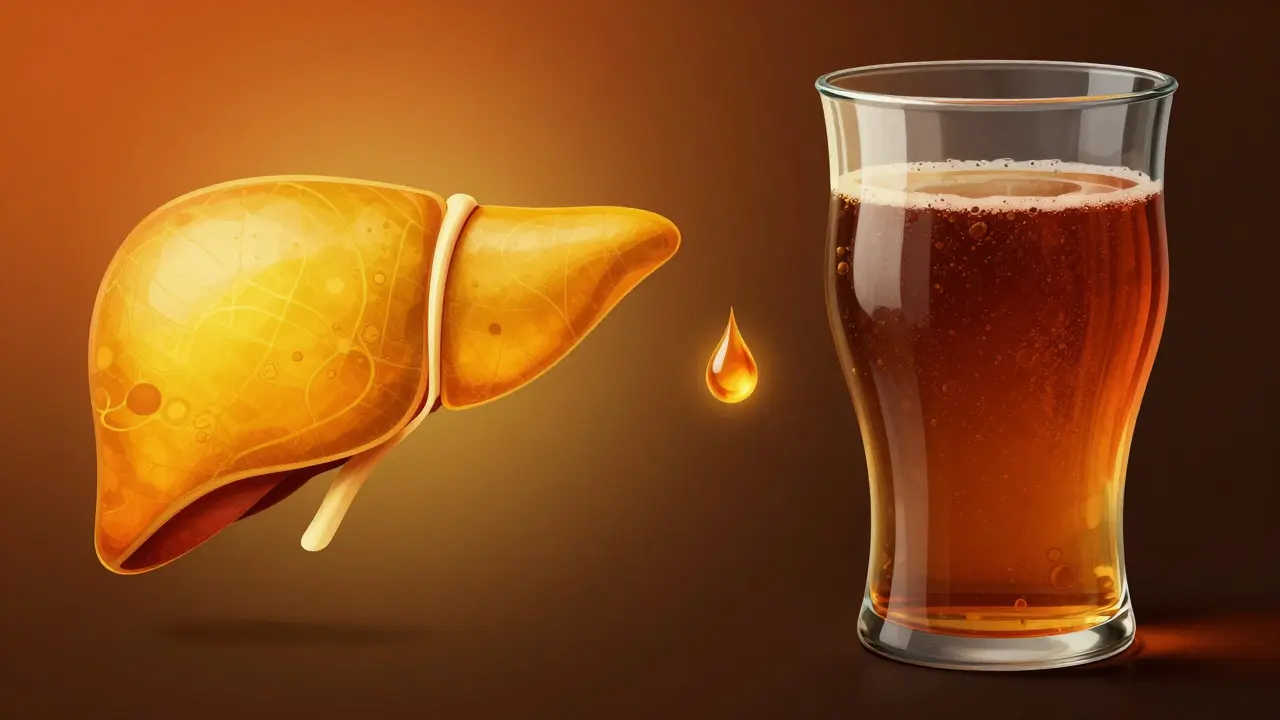 Umělecké znázornění vlivu jater na barvu moči s přítomností bilirubinu.