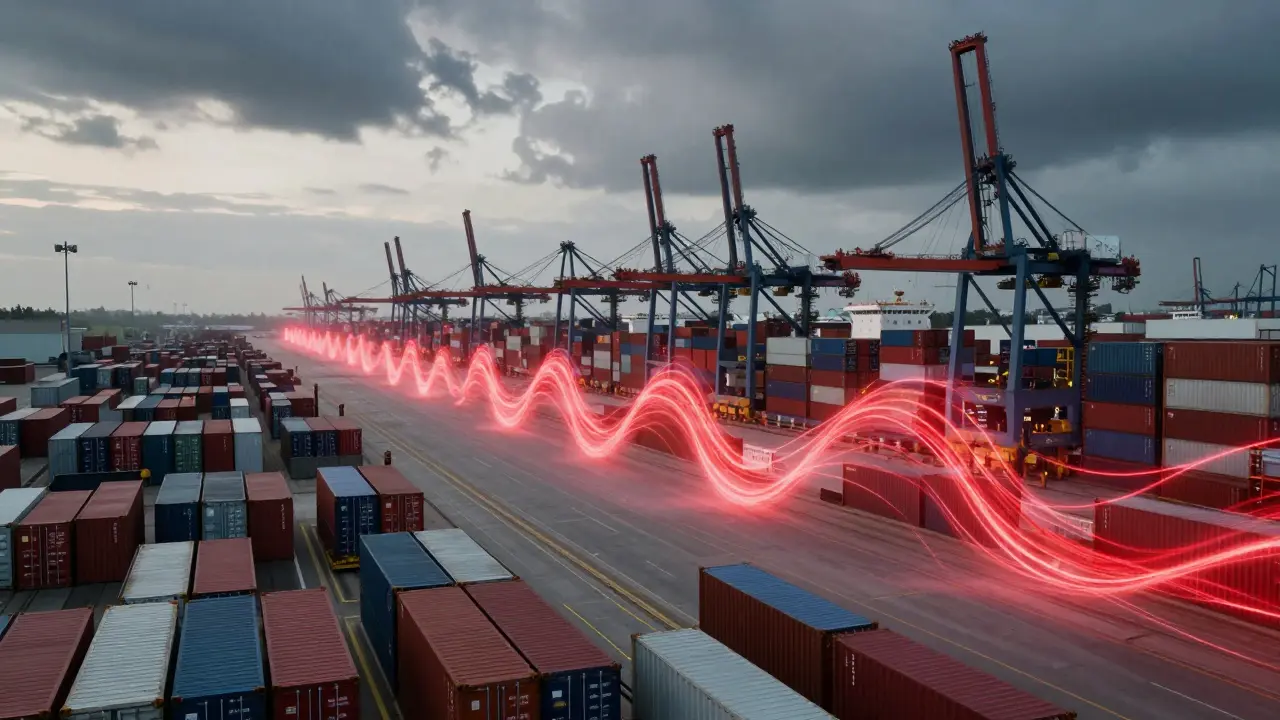Zastavený námořní přístav s kontejnery a symbolickým červeným efektem biče.