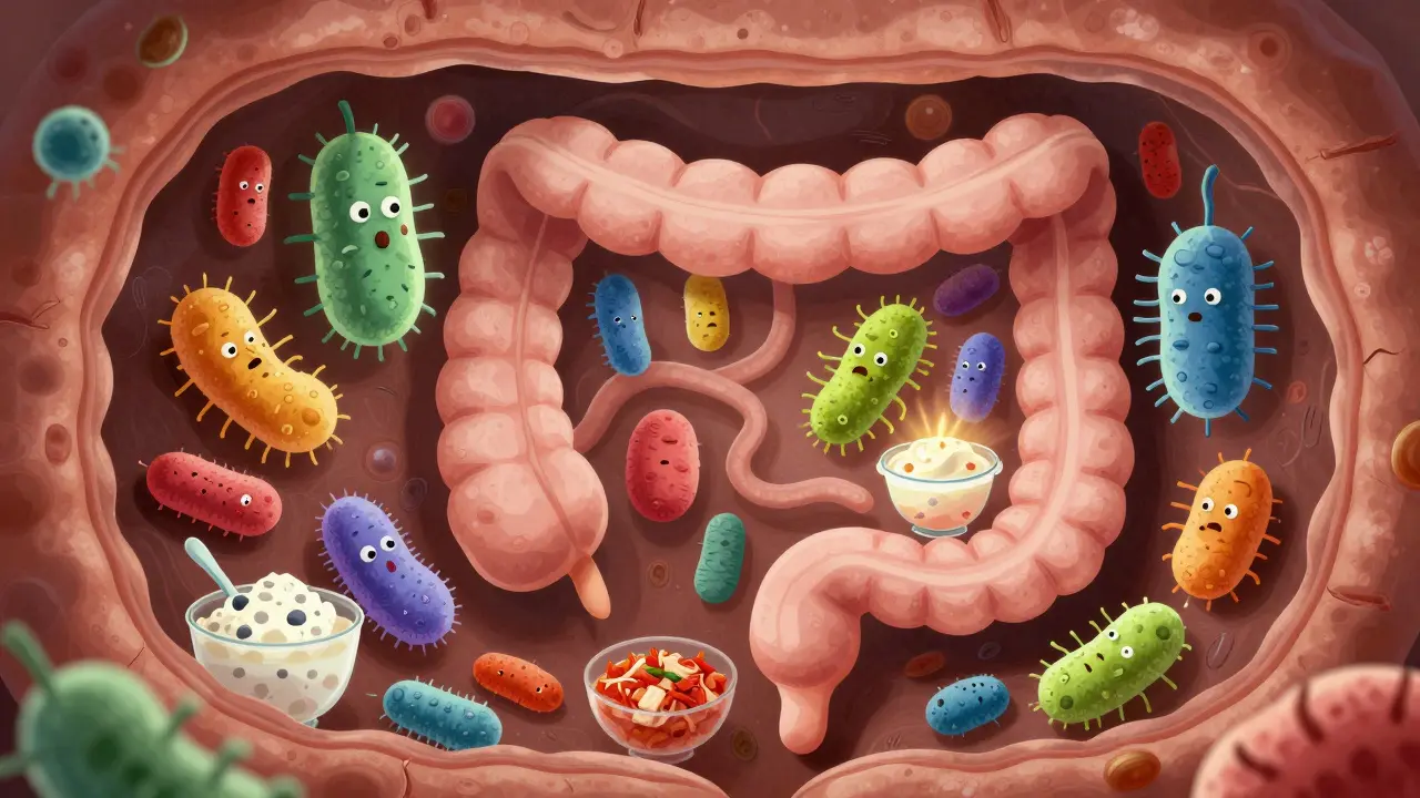 Ilustrace zdravého střevního mikrobiomu s bakteriemi a fermentovanou stravou