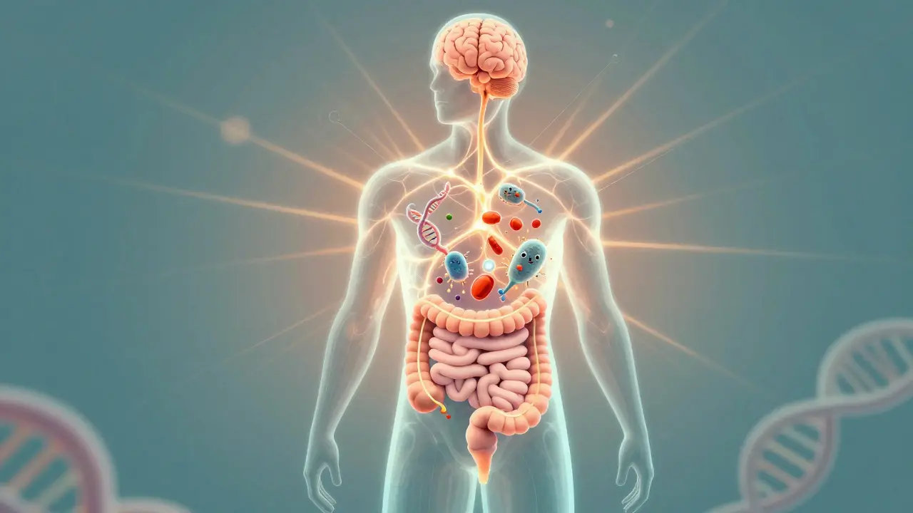 Koncept spojení střevního mikrobiomu a mozku s probiotiky