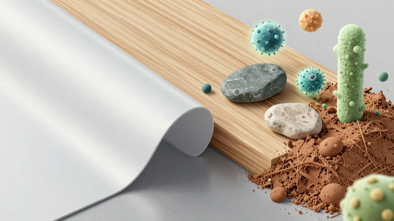Konceptuální ilustrace porovnávající syntetické a přirozené stavební materiály