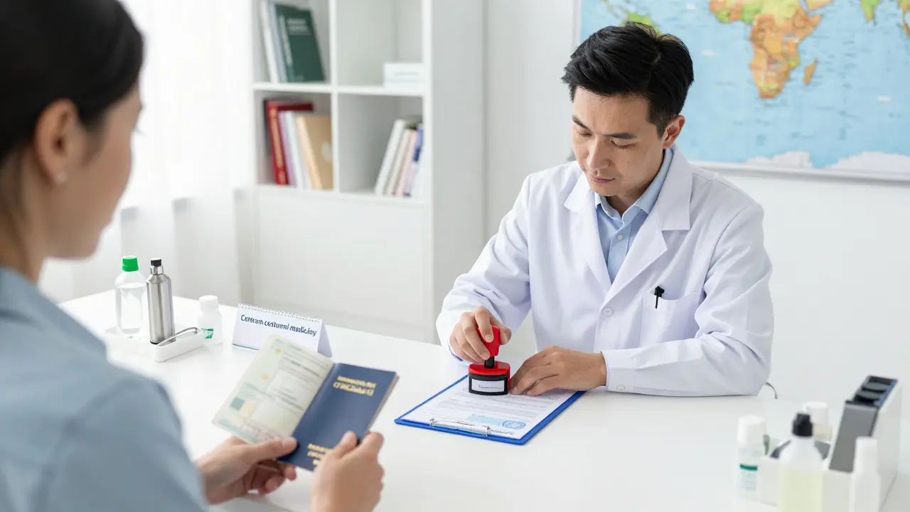 Lékař razítkuje mezinárodní očkovací certifikát v centru cestovní medicíny