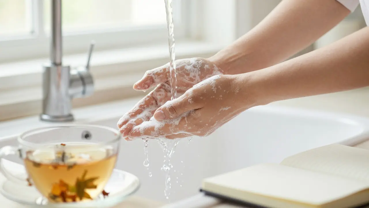 Osoba si myje ruce mýdlem v klidném prostředí pro hygienu a relaxaci