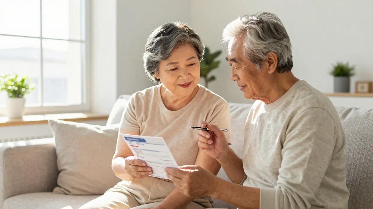 Seniori kontrolující očkovací průkaz pro pravidelnou prevenci
