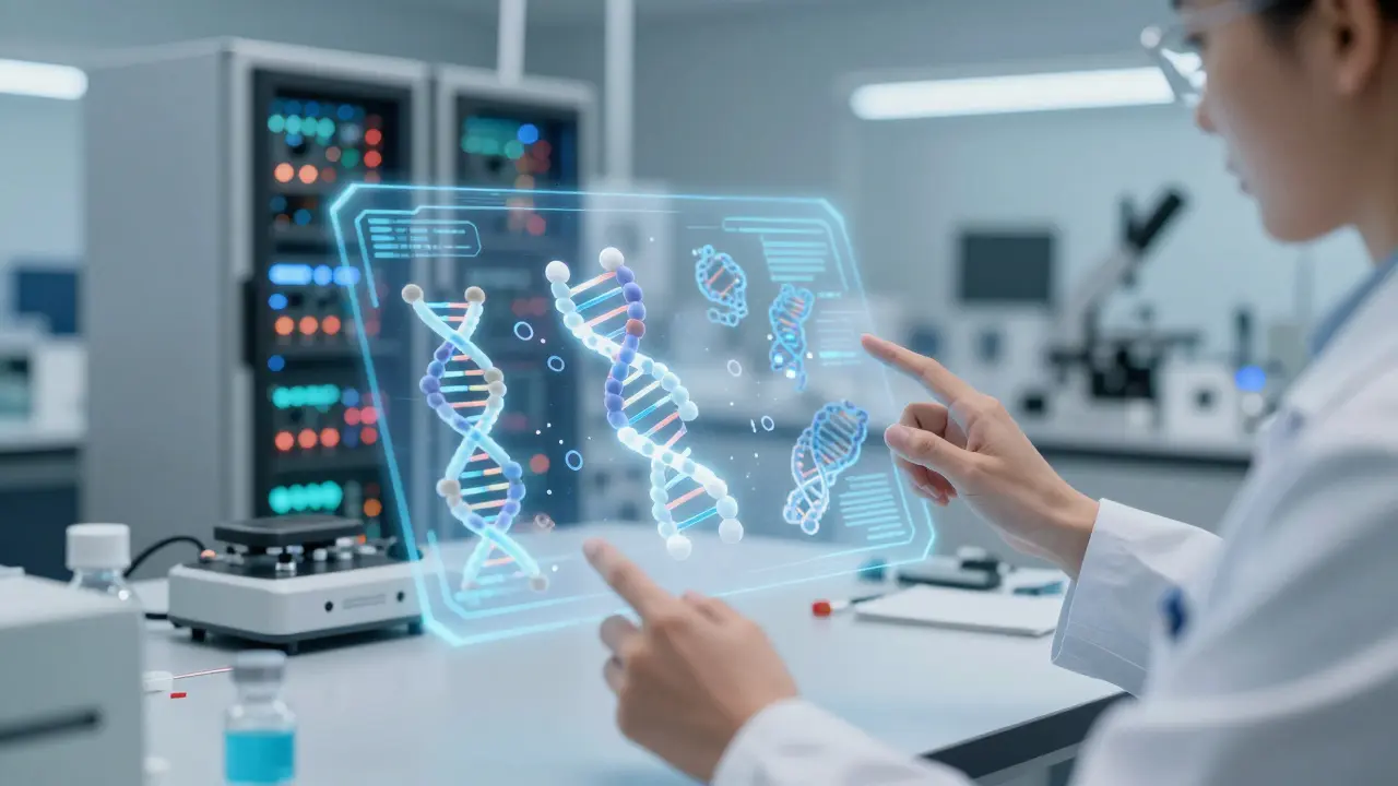 Vědec pracuje s holografickými modely virů a DNA v laboratoři