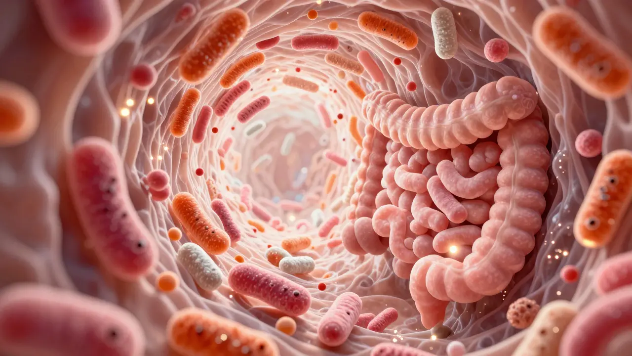 Colorful illustration of beneficial gut bacteria in the intestines