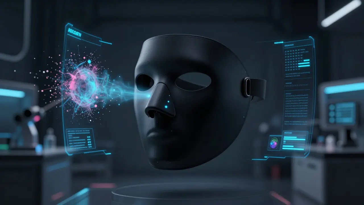 Futuristic smart mask with glowing sensors in a lab setting