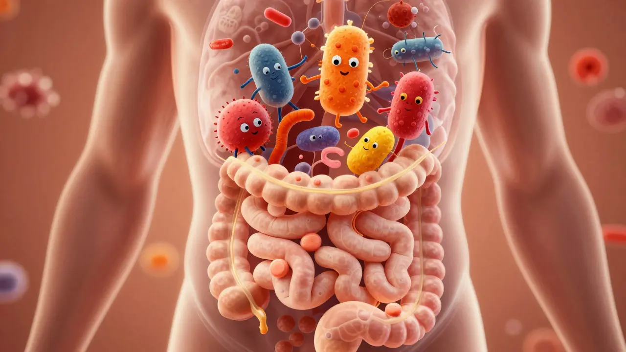Ilustrace střevního mikrobiomu jako živého ekosystému v lidském těle