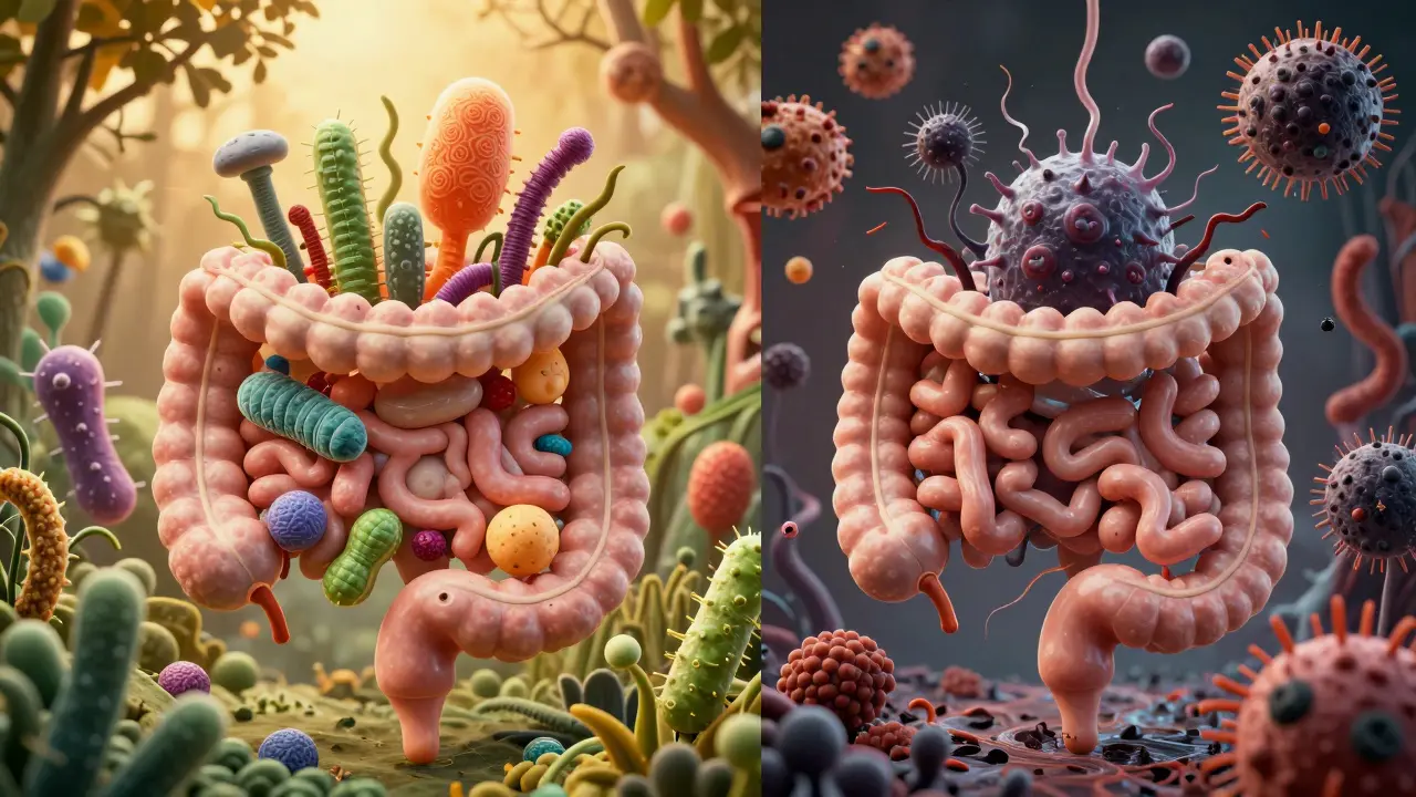 Konceptuální umění srovnávající zdravý a narušený mikrobiom