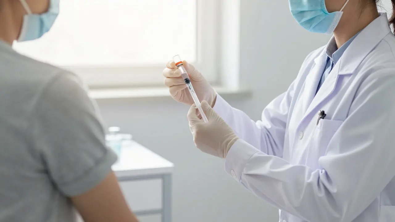 Lékař připravuje injekci vakcíny v jasném a bezpečném lékařském prostředí