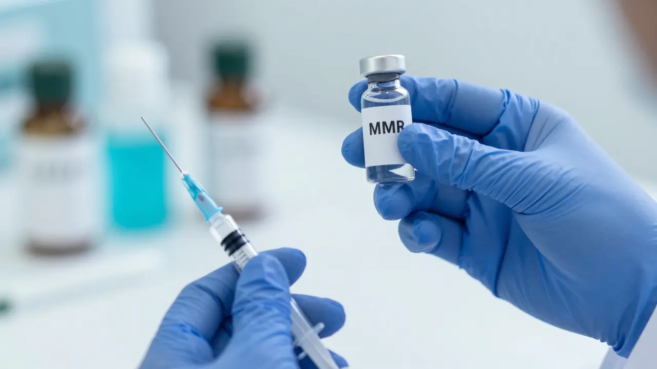 Lékař připravuje vakcínu MMR a krevní test na protilátky